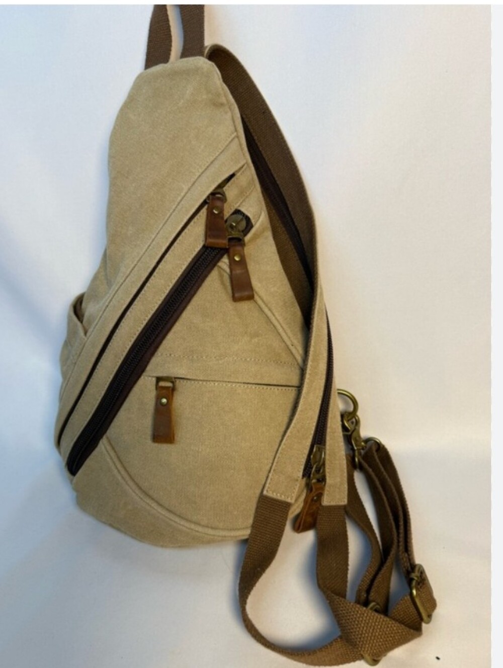 Khaki Canvas Leather Convertible Sling Bag Backpack Men Travel Commute